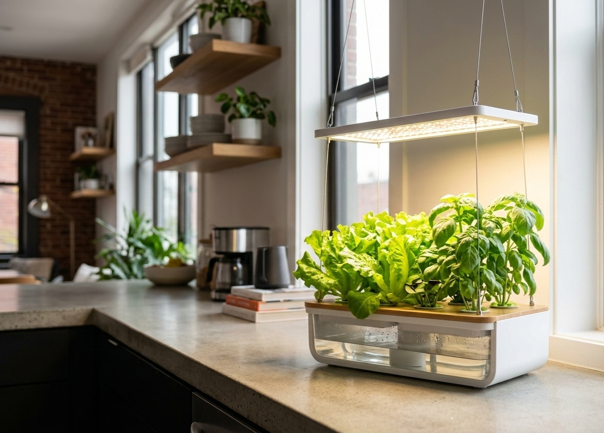 LED light setup used to prevent apartment hydroponics yellow leaves in a small apartment garden