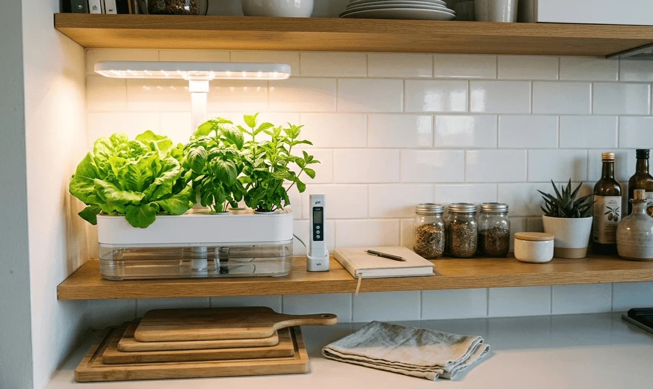 Organized setup helping prevent apartment hydroponics yellow leaves with pH meter and notes