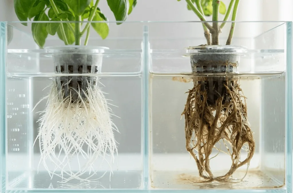 Healthy white hydroponic roots vs brown root rot in small apartment hydroponic system