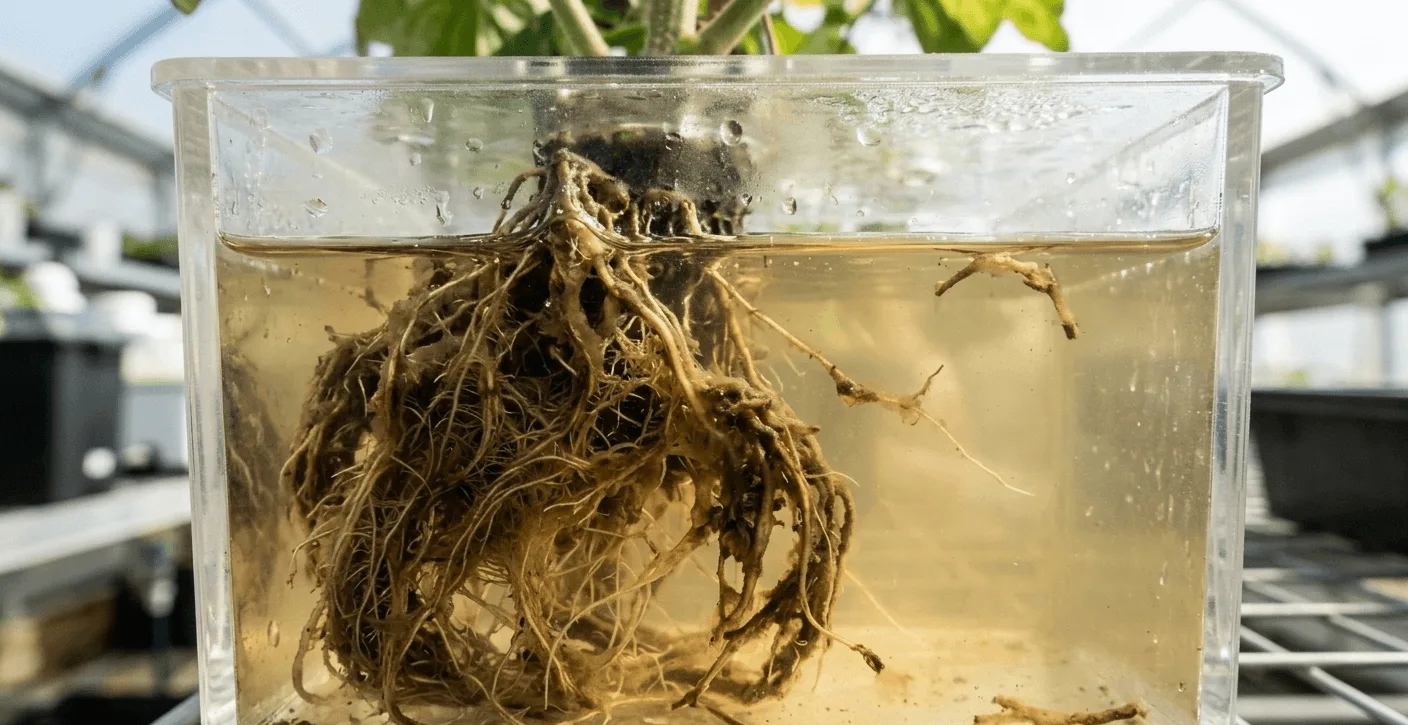 Brown slimy root rot on hydroponic plant roots in small reservoir