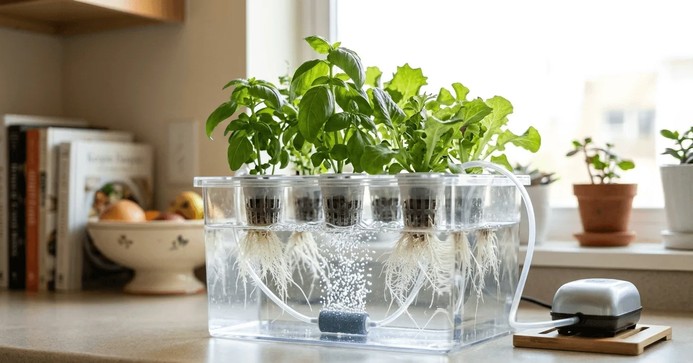 Air stone creating oxygen bubbles in small DWC hydroponic reservoir preventing root rot.