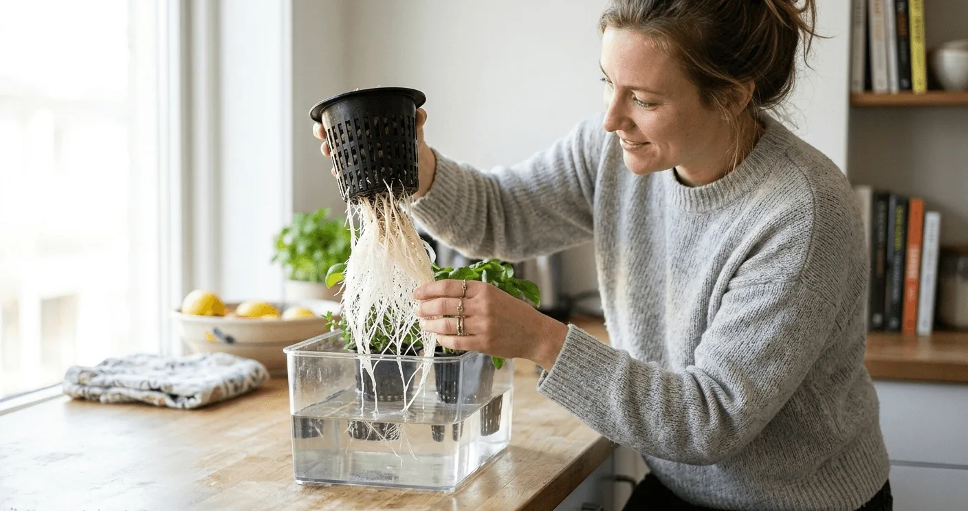 Inspecting hydroponic plant roots by lifting net pot from reservoir during nutrient solution change