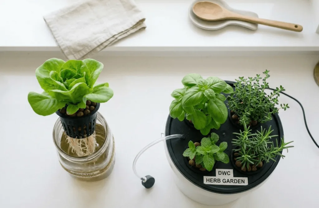 Side by side comparison of Kratky mason jar and DWC bucket hydroponic systems on an apartment countertop