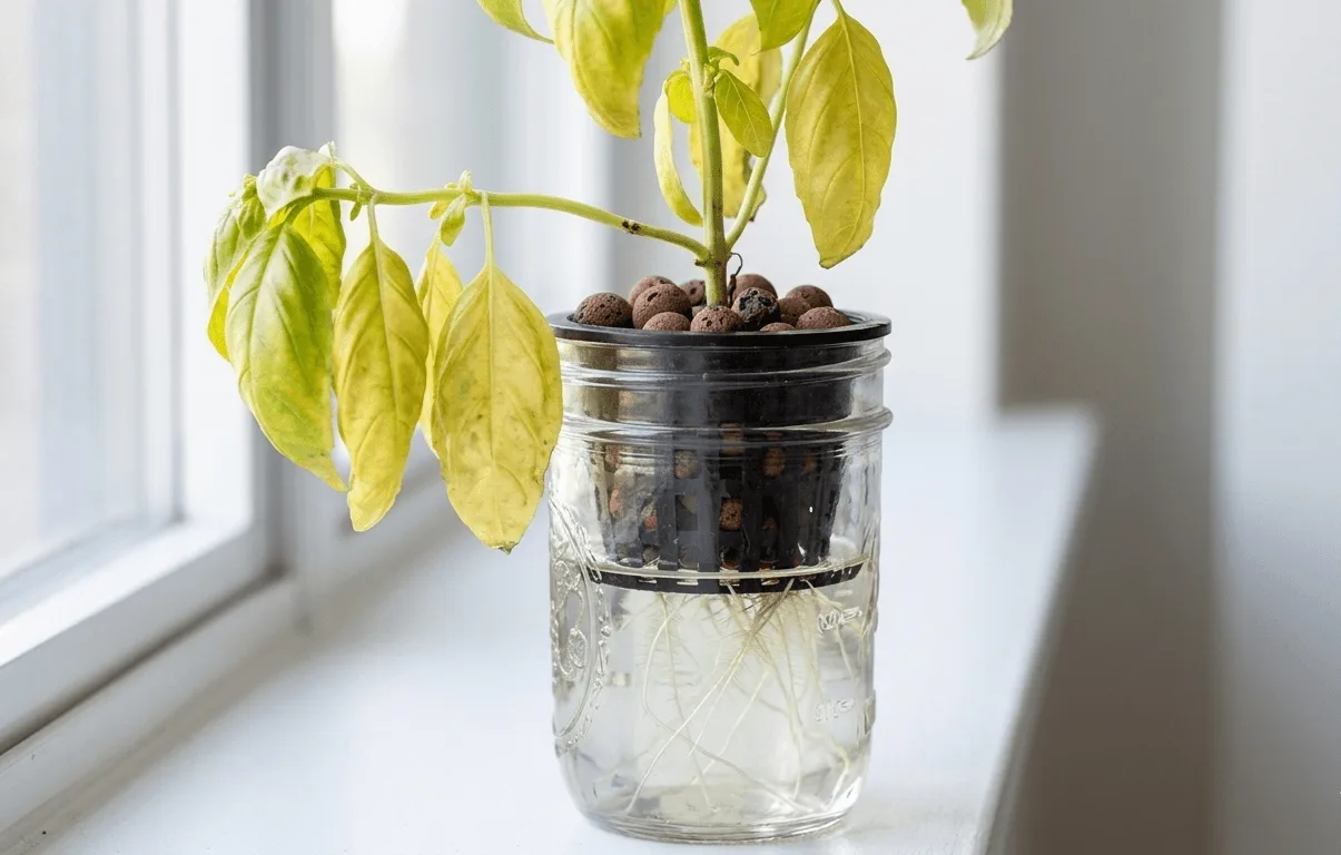Yellow wilting basil plant in a Kratky mason jar showing signs of nutrient lockout from incorrect pH in a small apartment hydroponic setup