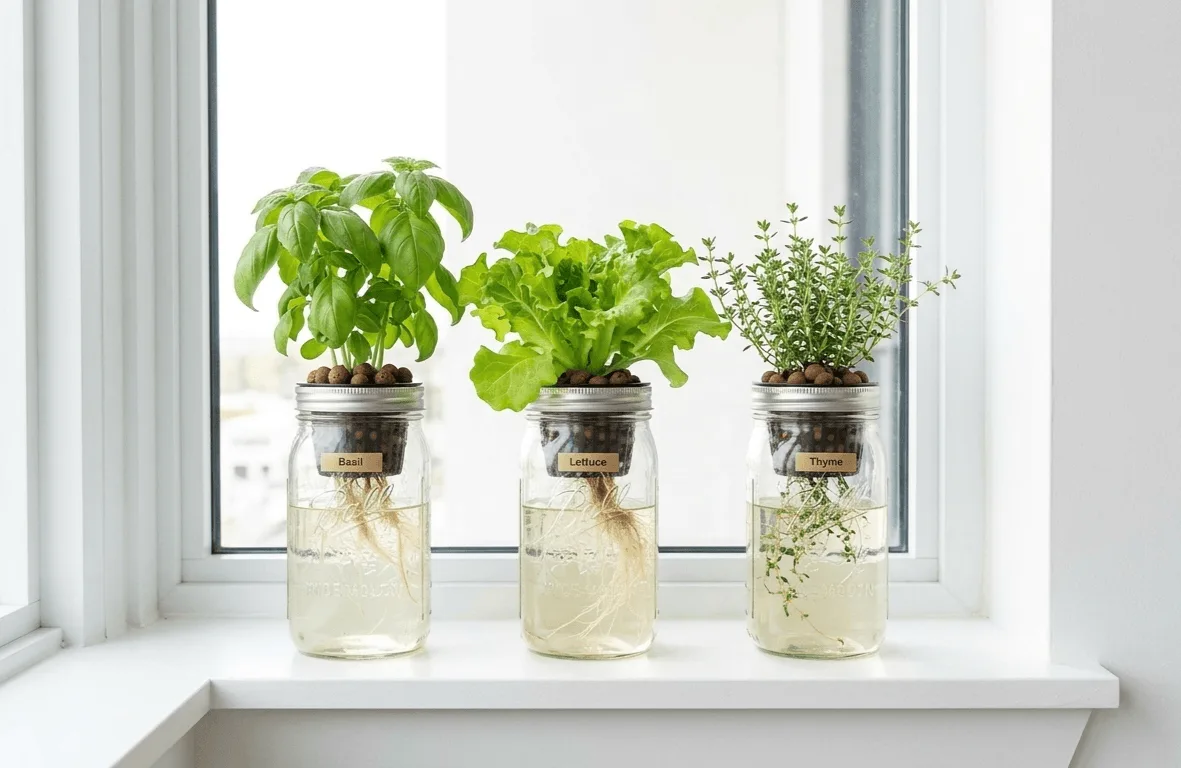 Three Kratky mason jars growing lettuce and herbs on a sunny apartment windowsill in a small hydroponic setup