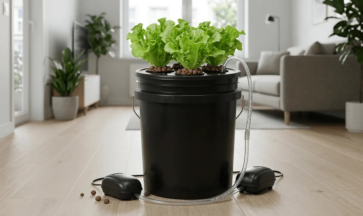 Compact 5-gallon DWC hydroponic bucket with healthy lettuce growing in a small apartment