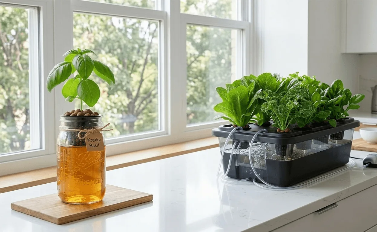 Comparison of a beginner Kratky windowsill setup versus a more advanced DWC hydroponic system in an apartment