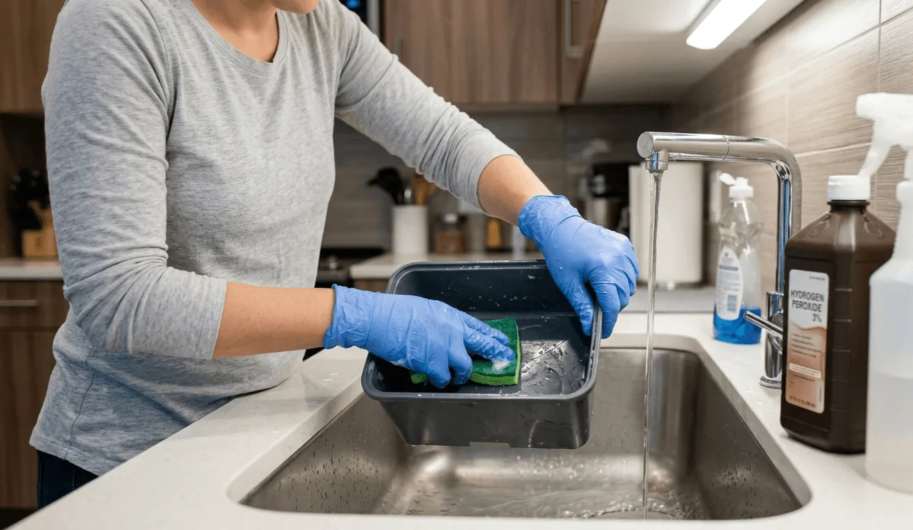 Gloved hands scrubbing the inside of a small hydroponic reservoir placed in the kitchen sink with a hydrogen peroxide bottle and sponge visible on the counter