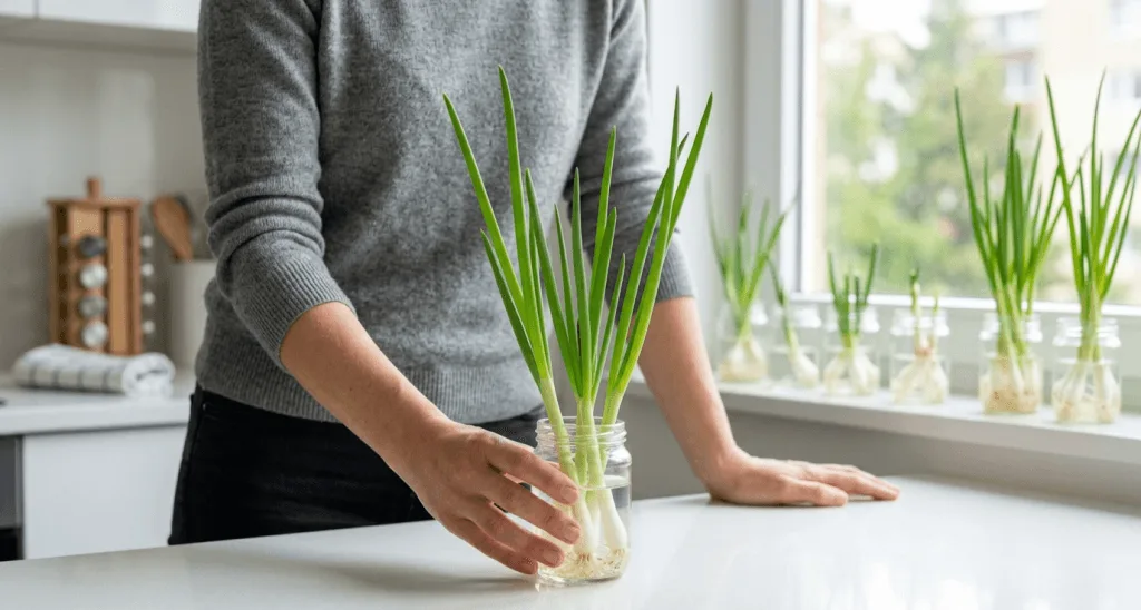 Woman leaning over an apartment kitchen counter holding a small jar with green onion roots submerged in water and tall green shoots growing from the tops