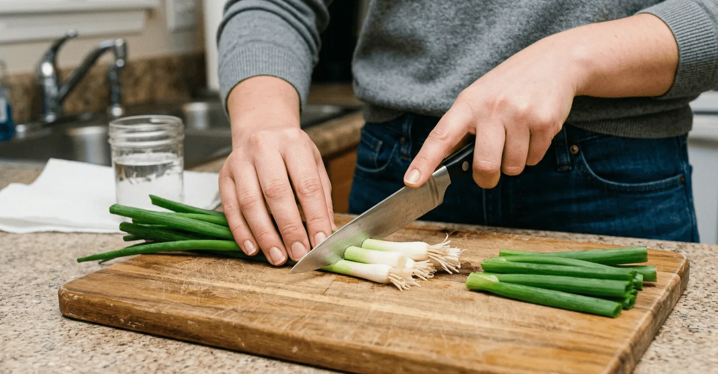 Person pressing a sharp knife through a bunch of green onions on a cutting board, leaving 1.5 inches of white stem above the roots to use for regrowing