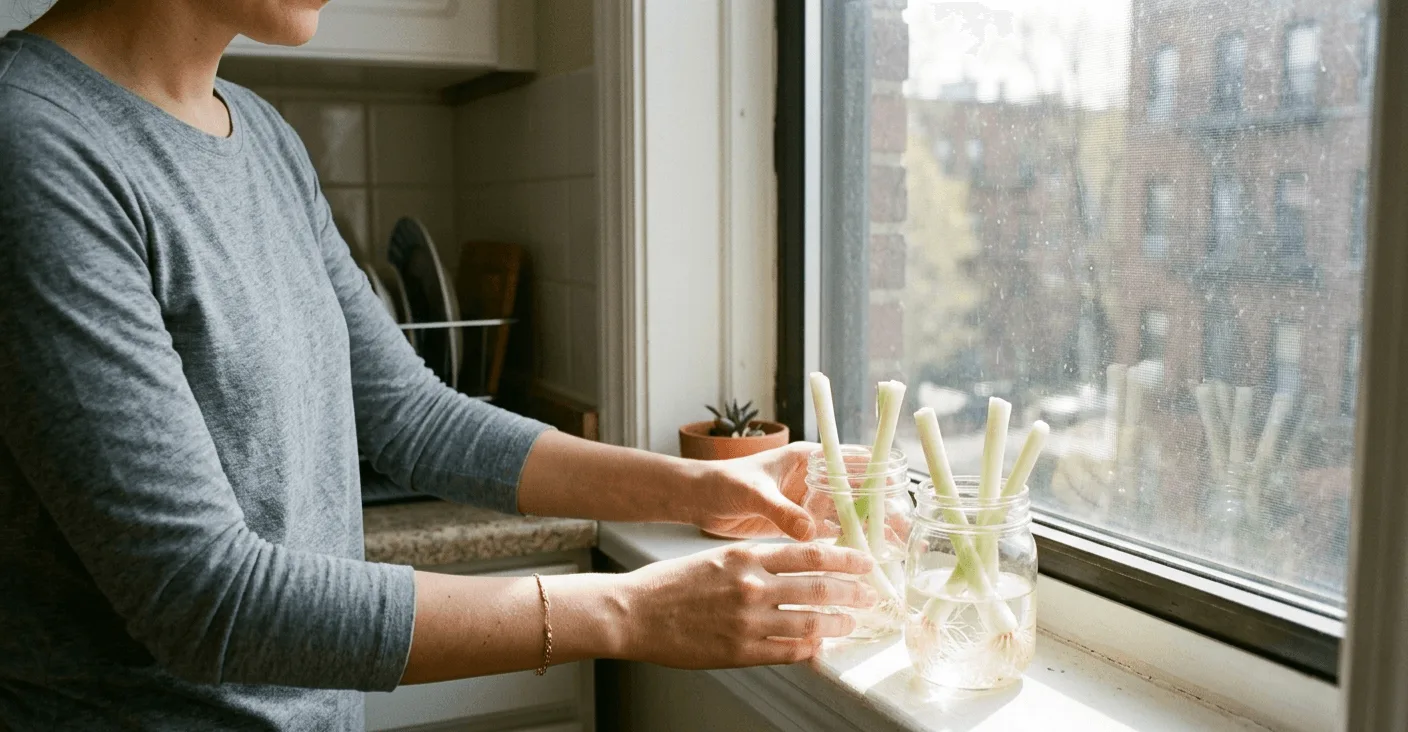 Woman placing small glass jars with green onion roots submerged in water on a sunny apartment kitchen windowsill with new green shoots beginning to emerge