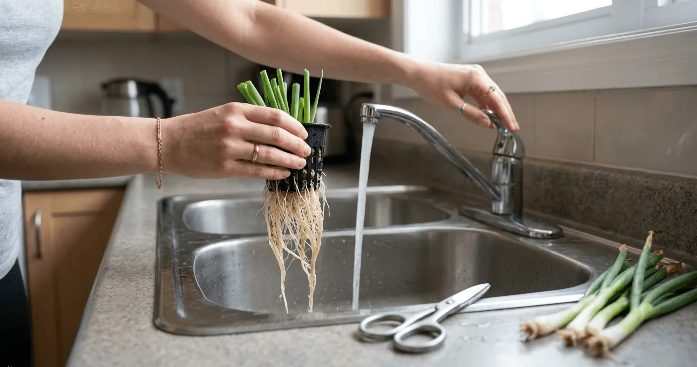 Woman rinsing hydroponic green onion roots under a running kitchen tap to flush away nutrient salt buildup after brown tips appeared on the green shoots