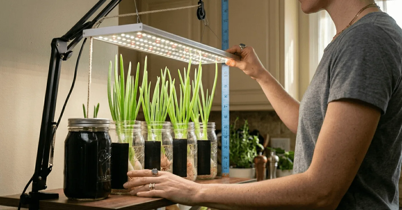 Person reaching up to adjust the height of an LED grow light panel above a row of green onion plants in jars on an apartment shelf with a measuring tape showing 6 to 8 inches