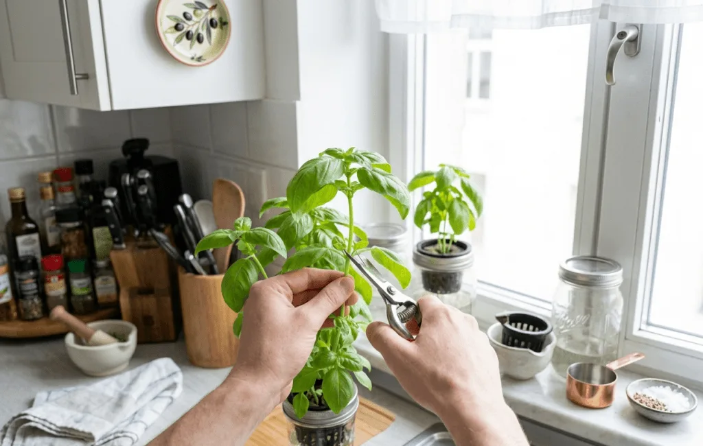 Pruning hydroponic basil above a leaf node with bypass shears in an apartment kitchen setup
