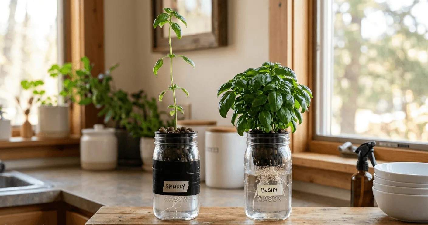 Side-by-side comparison of a leggy unpruned hydroponic basil plant versus a bushy pruned basil plant growing in mason jars on an apartment shelf
