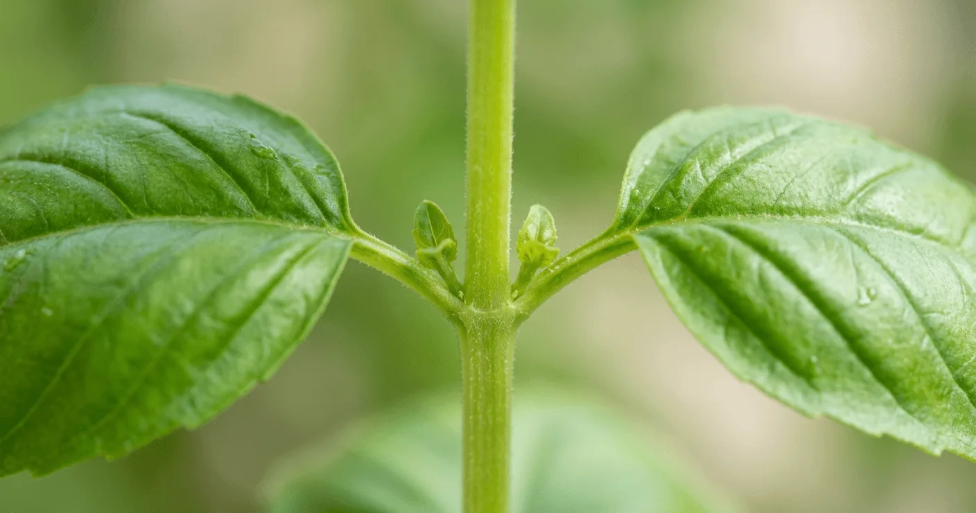 Close-up of a basil stem showing a leaf node with two tiny axillary buds visible, indicating the correct cut point just above the node
