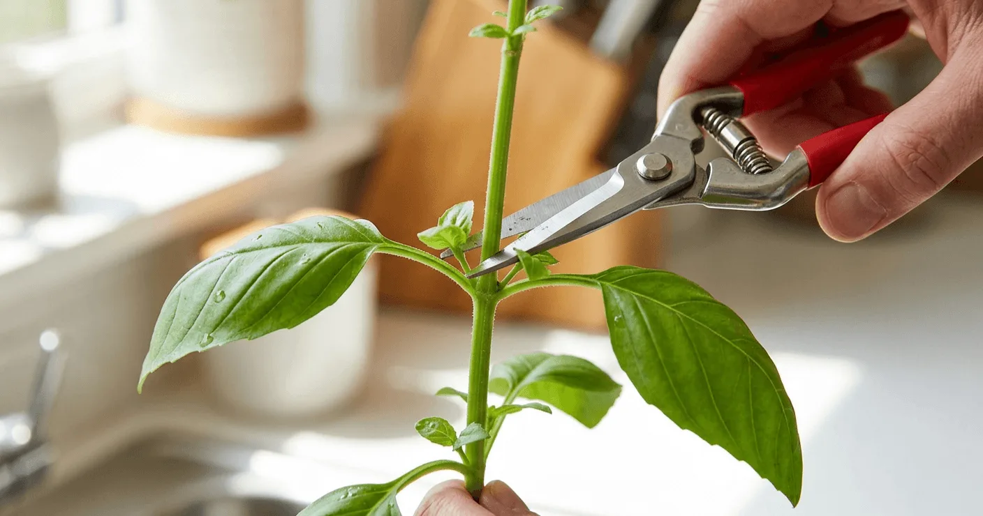 Bypass pruning shears making a clean angled cut on a hydroponic basil stem just above a leaf node in an apartment kitchen
