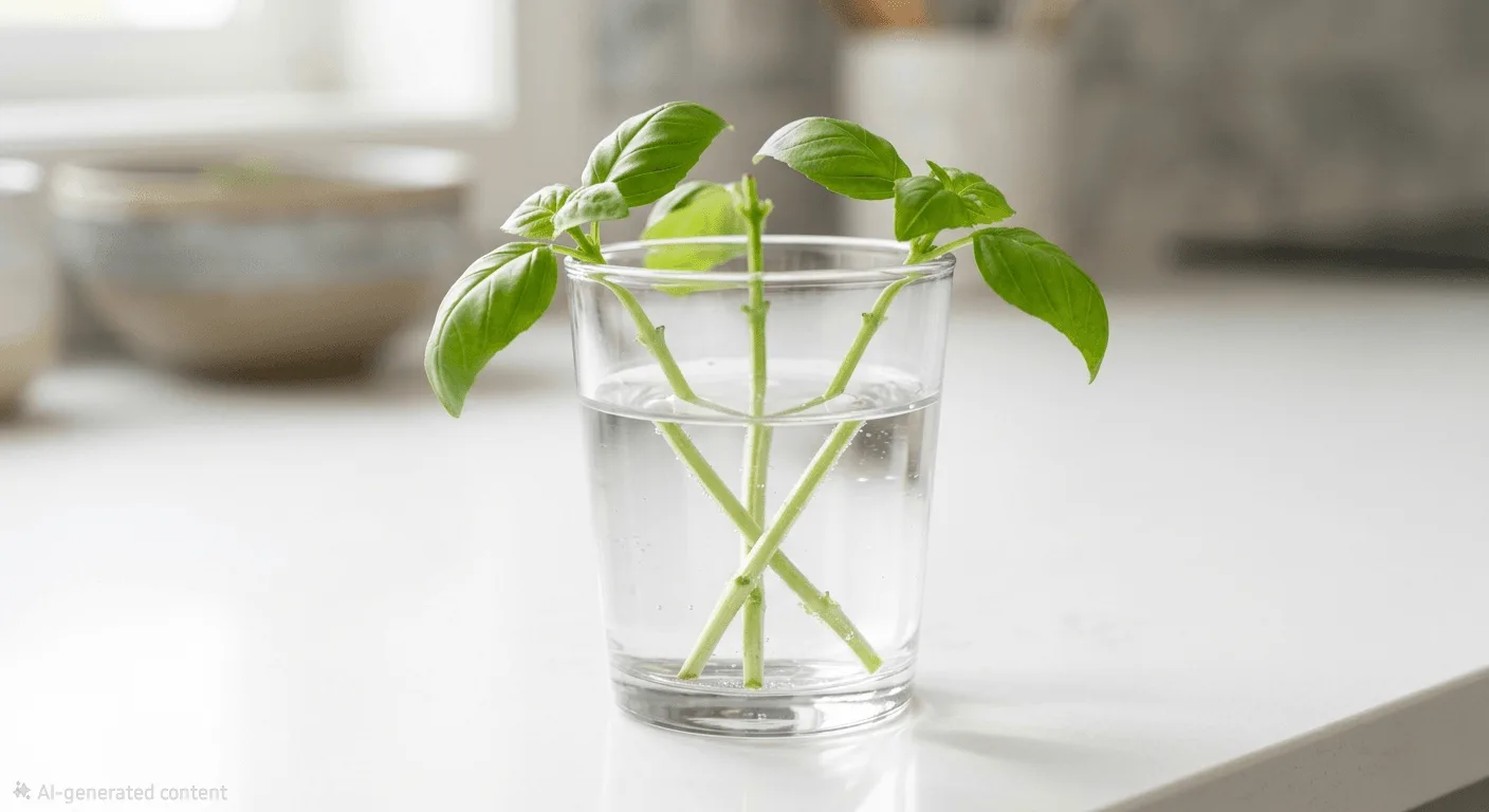 Fresh basil cuttings with lower leaves stripped standing in a small glass of plain water on an apartment kitchen counter beginning to develop white roots