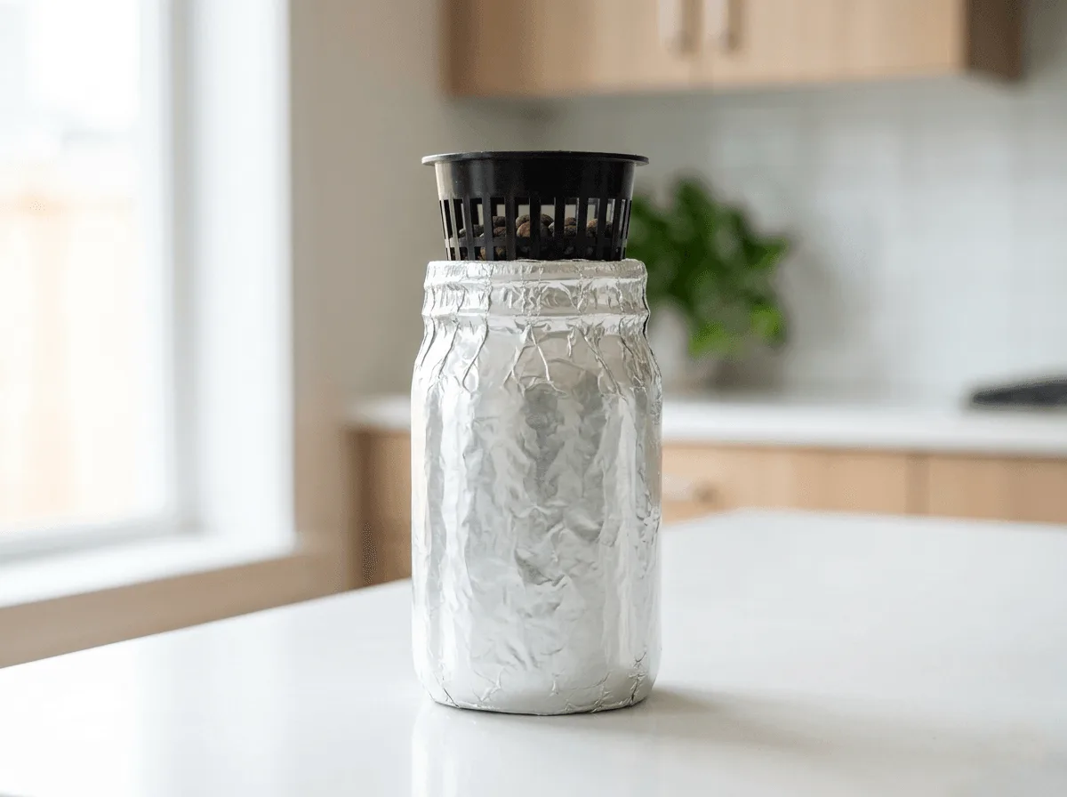 Wide-mouth 32-ounce mason jar wrapped in foil with a 2-inch net cup ready for hydroponic mint