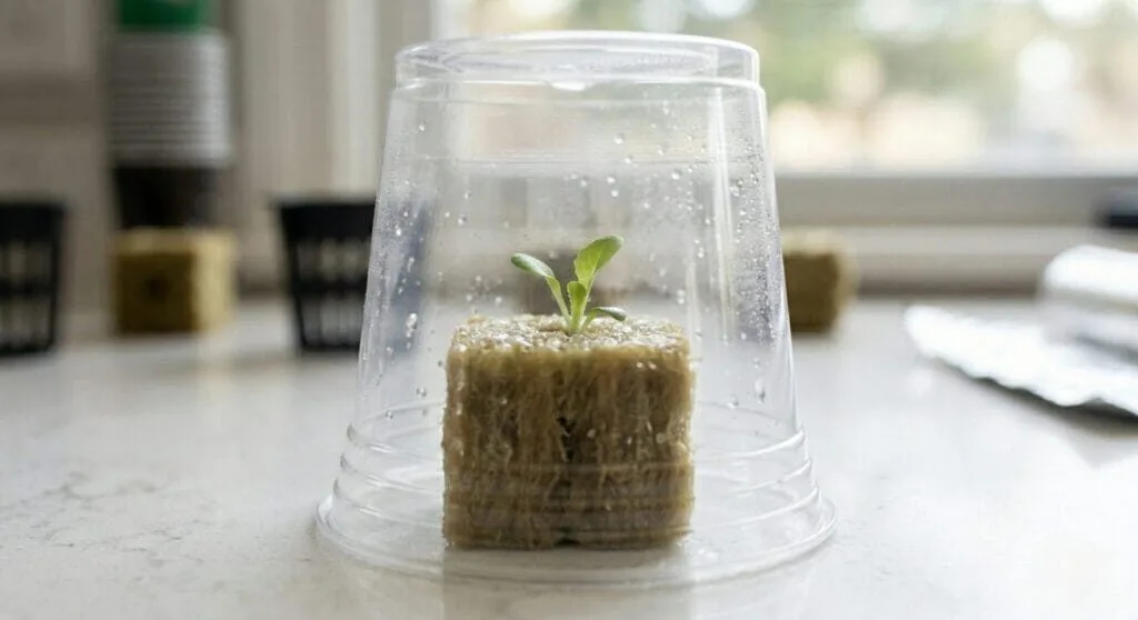 A tiny vibrant green lettuce seedling sprouting from a moist rockwool cube with a clear plastic cup acting as a humidity dome