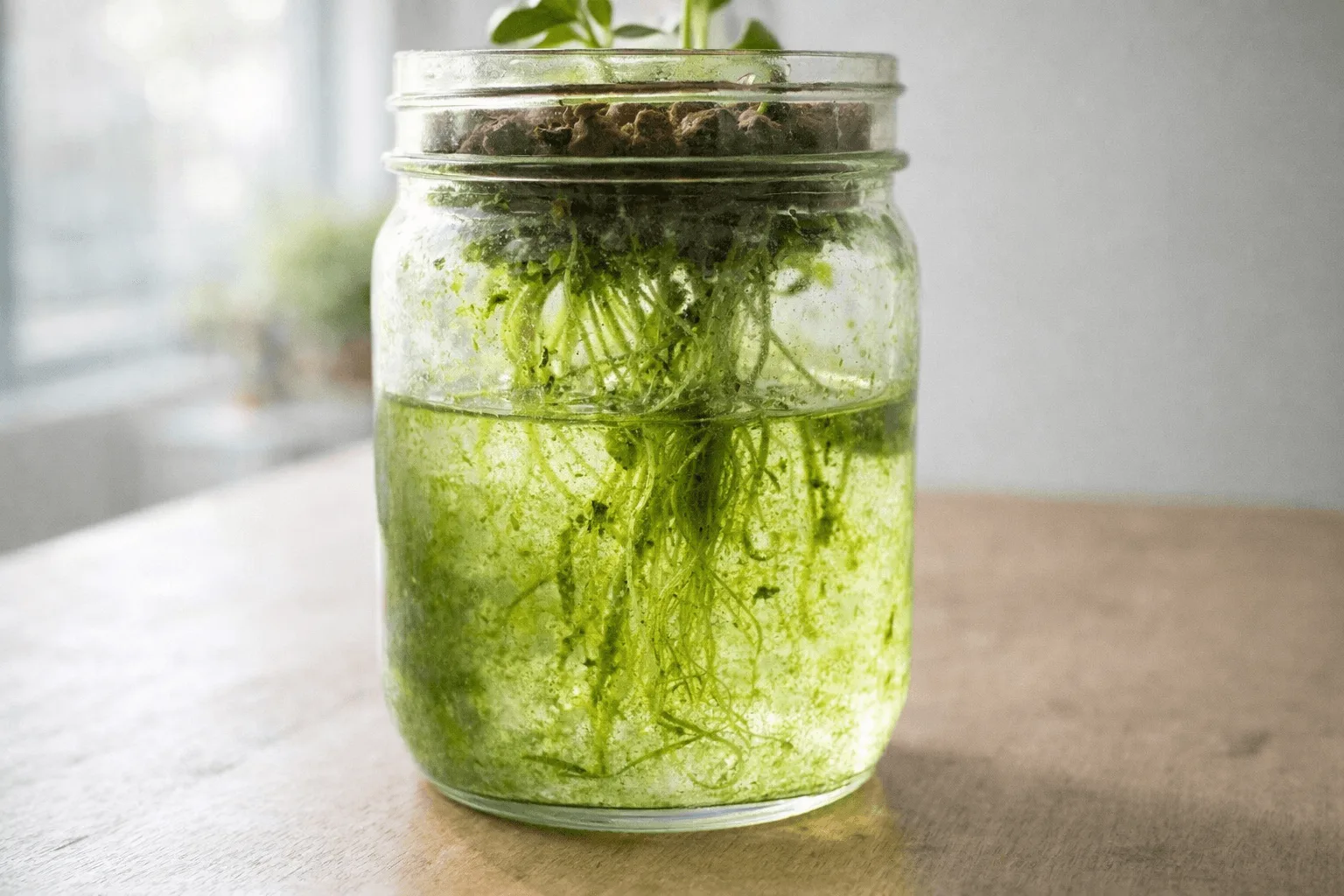 Green algae growing inside a clear mason jar Kratky hydroponic setup caused by light exposure to the nutrient solution