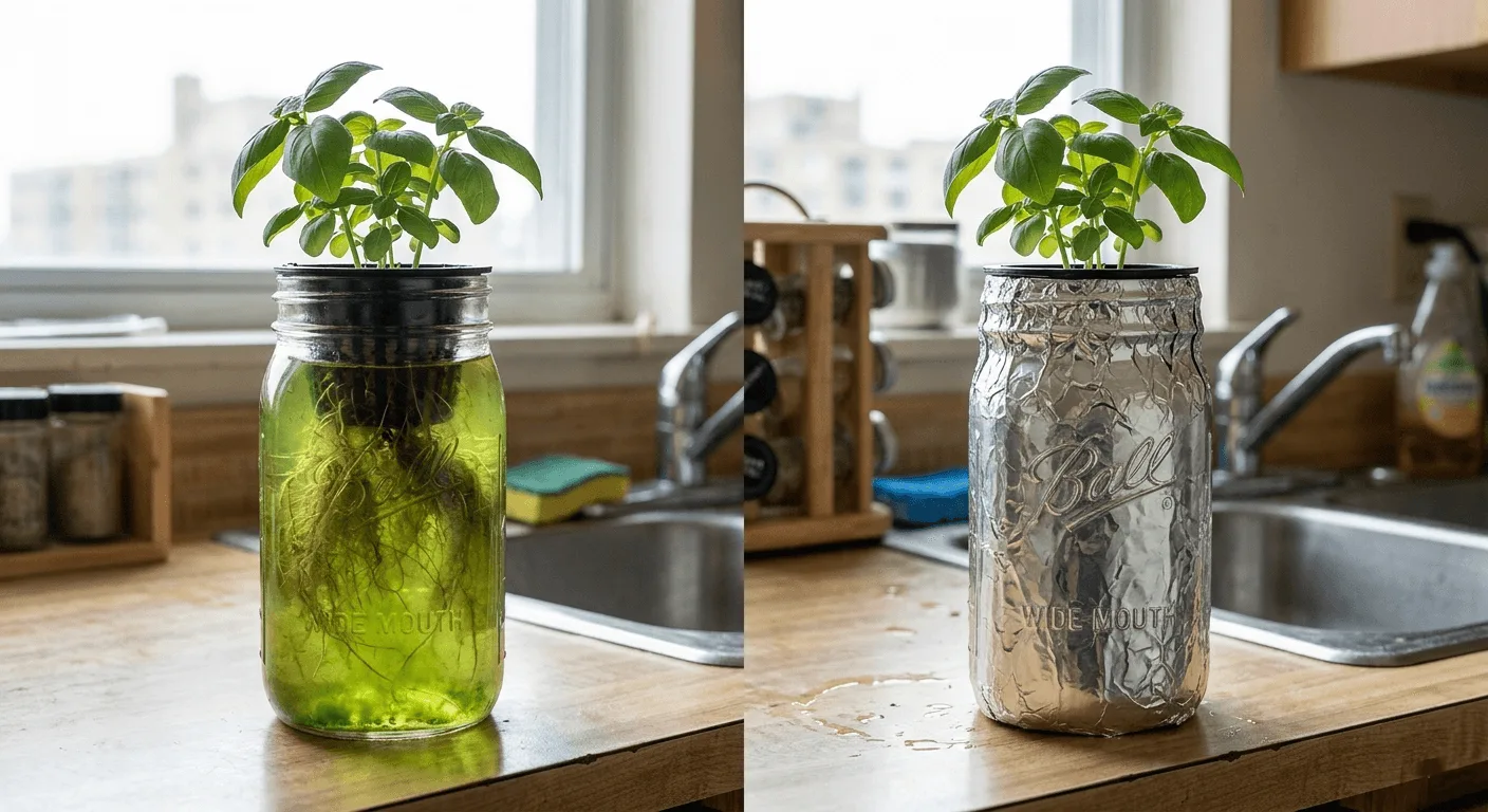 Side-by-side jars showing one Kratky container with green algae-filled water and another cleaned and fully wrapped to keep the nutrient solution clear
