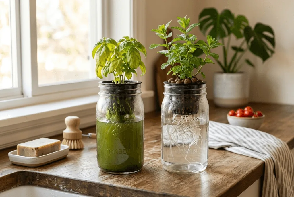 Clear mason jar with green algae growing in nutrient solution on a kitchen counter