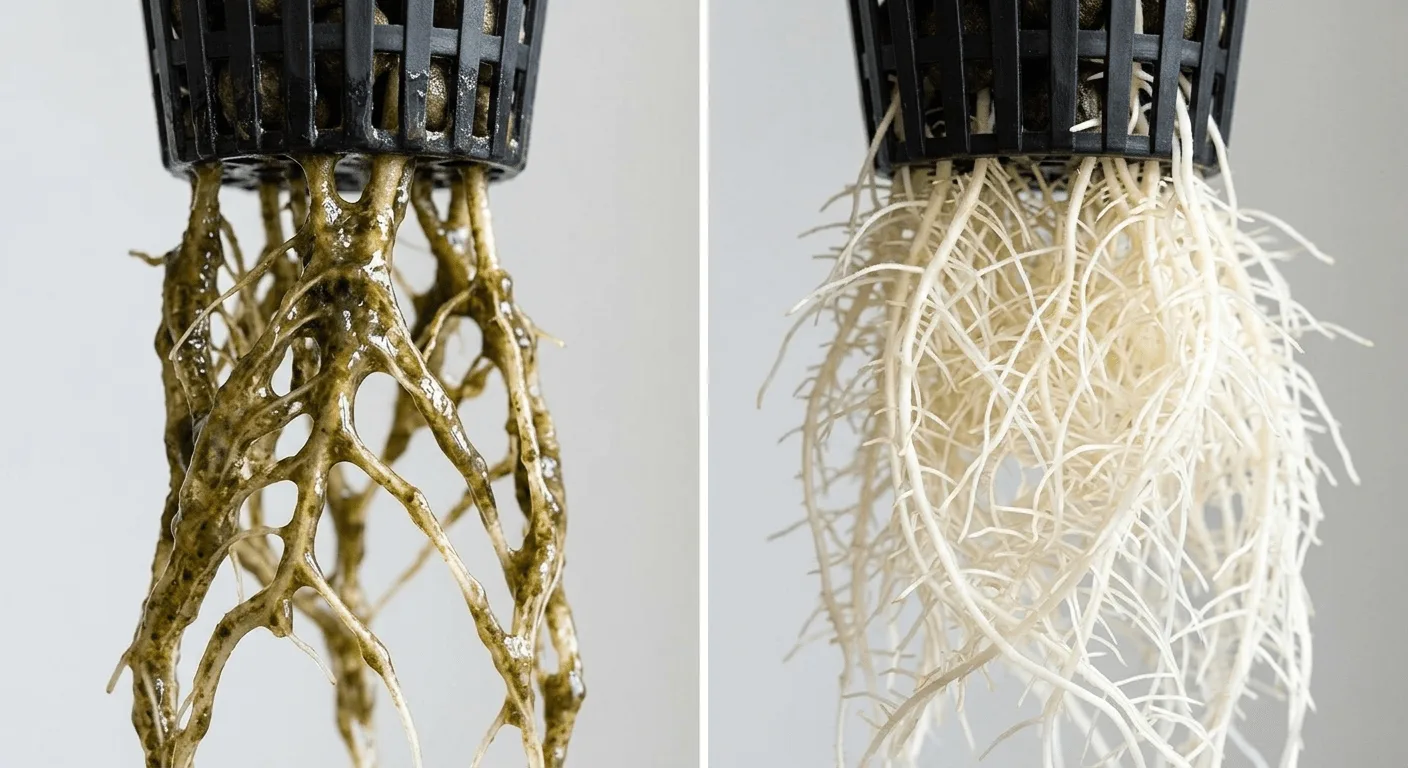 Side by side comparison of algae-coated hydroponic roots and clean white healthy roots in mason jars
