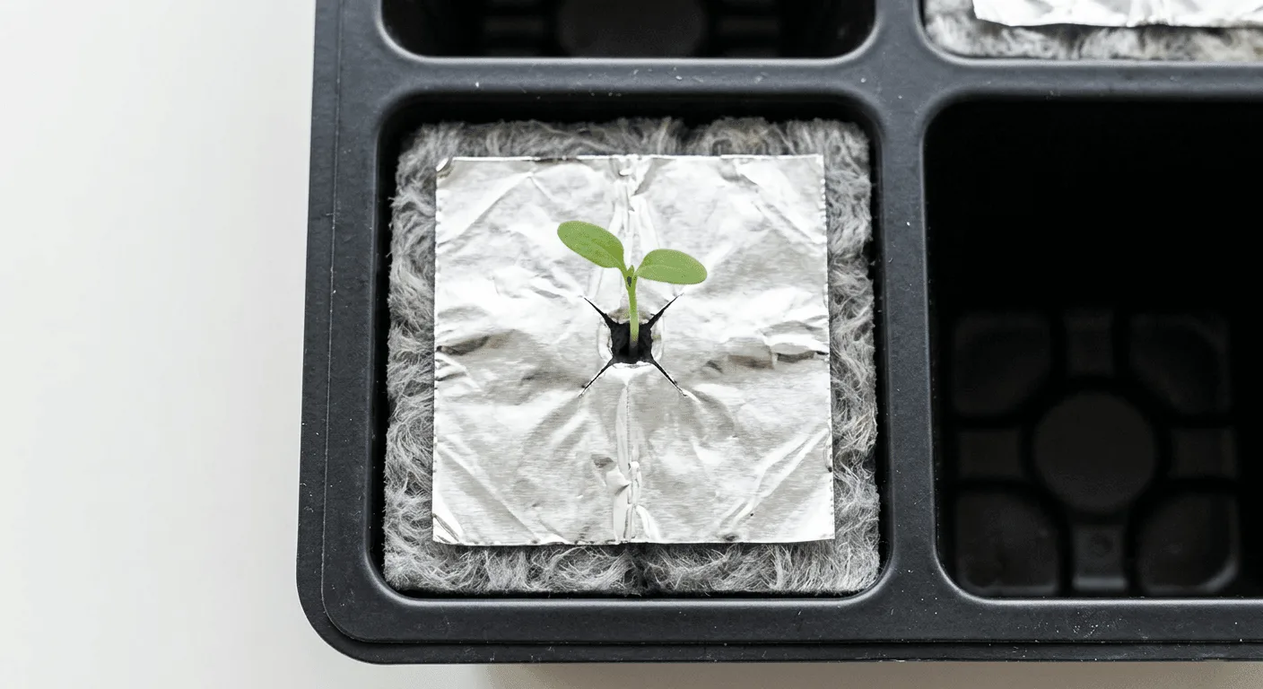 Rockwool cube covered with a square of aluminum foil with a slit that lets the seedling grow through while shading the cube surface