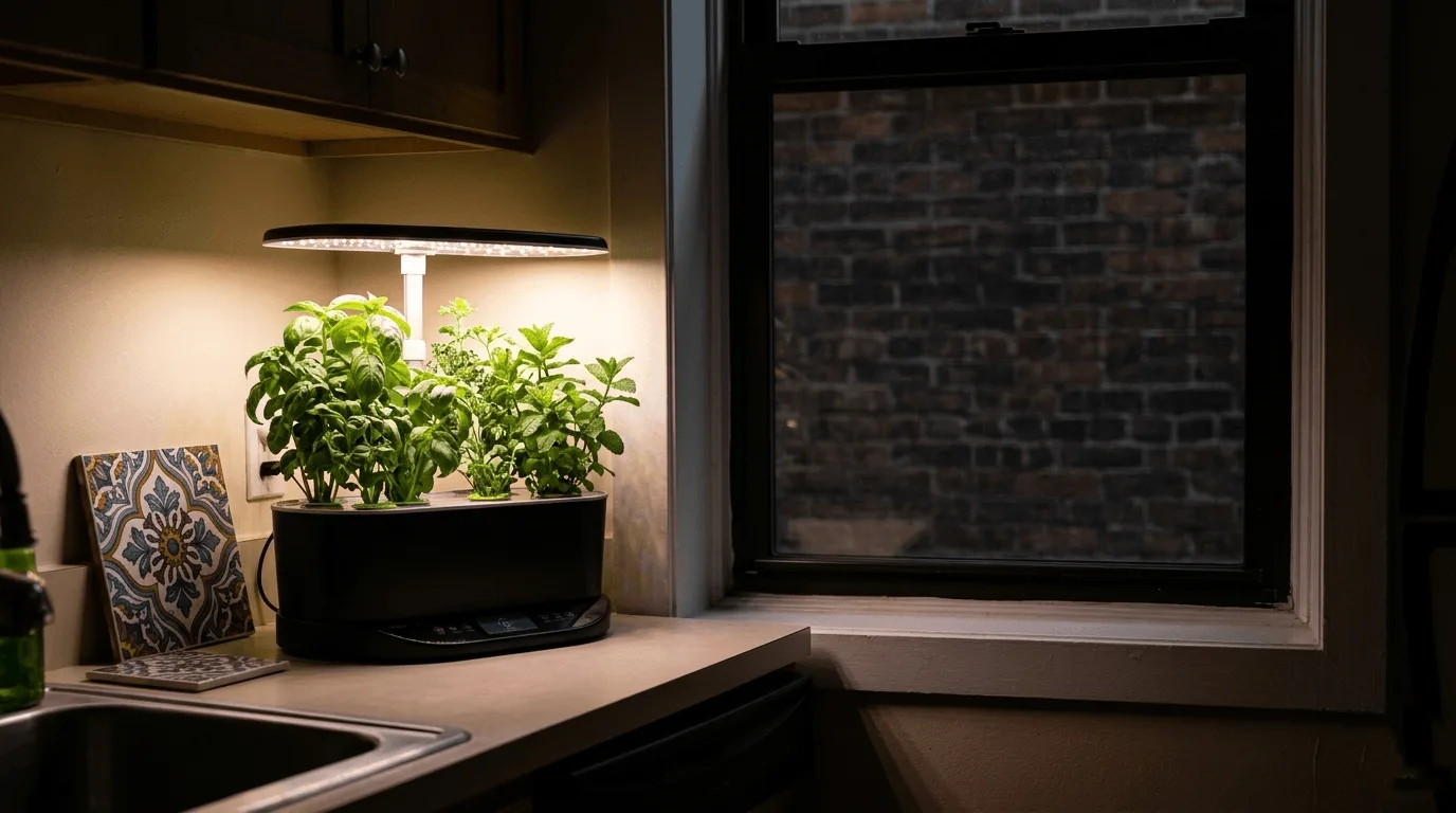 Compact countertop hydroponic kit growing herbs under LED light in a small apartment with a shaded window and brick wall outside