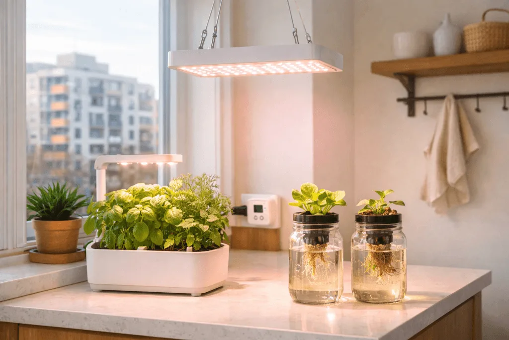 Small apartment hydroponic herb garden under an LED grow light controlled by a timer on a kitchen counter.