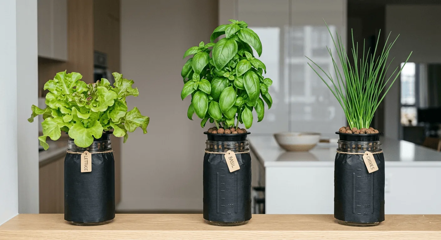 Three foil-wrapped Kratky jars on a windowsill growing basil, loose-leaf lettuce, and chives in separate containers