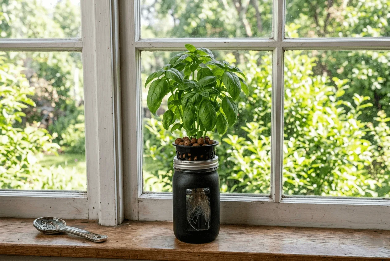 Lush basil plant growing from a net cup filled with clay pebbles in a dark-wrapped Mason jar using the Kratky method