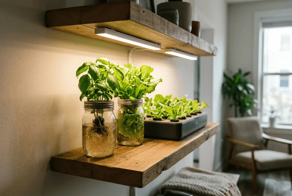 Full-spectrum LED bar lights mounted under a shelf illuminating lettuce and basil in a small apartment hydroponic setup
