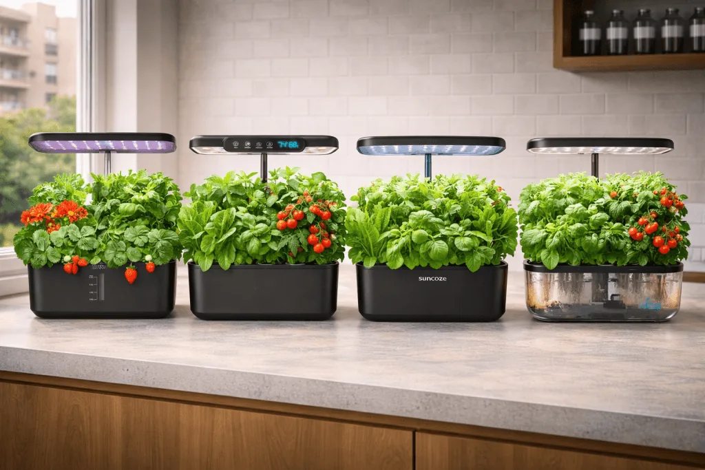 Four countertop hydroponic growing systems lined up on an apartment kitchen counter glowing under LED grow lights with fresh green herbs