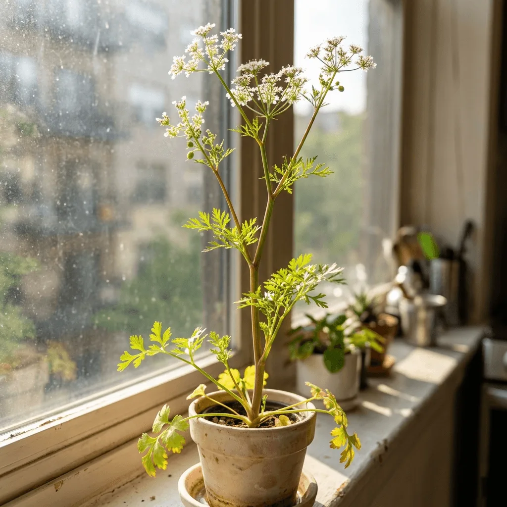 Cilantro plant that has bolted showing a tall elongated central stem with sparse feathery leaves and small white flowers at the top, a sign of heat stress