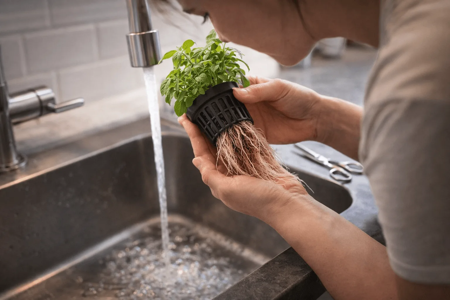 Person leaning over a kitchen sink with both hands cradling a net cup, rinsing the plant roots under lukewarm water while inspecting the root health during a hydroponic water change
