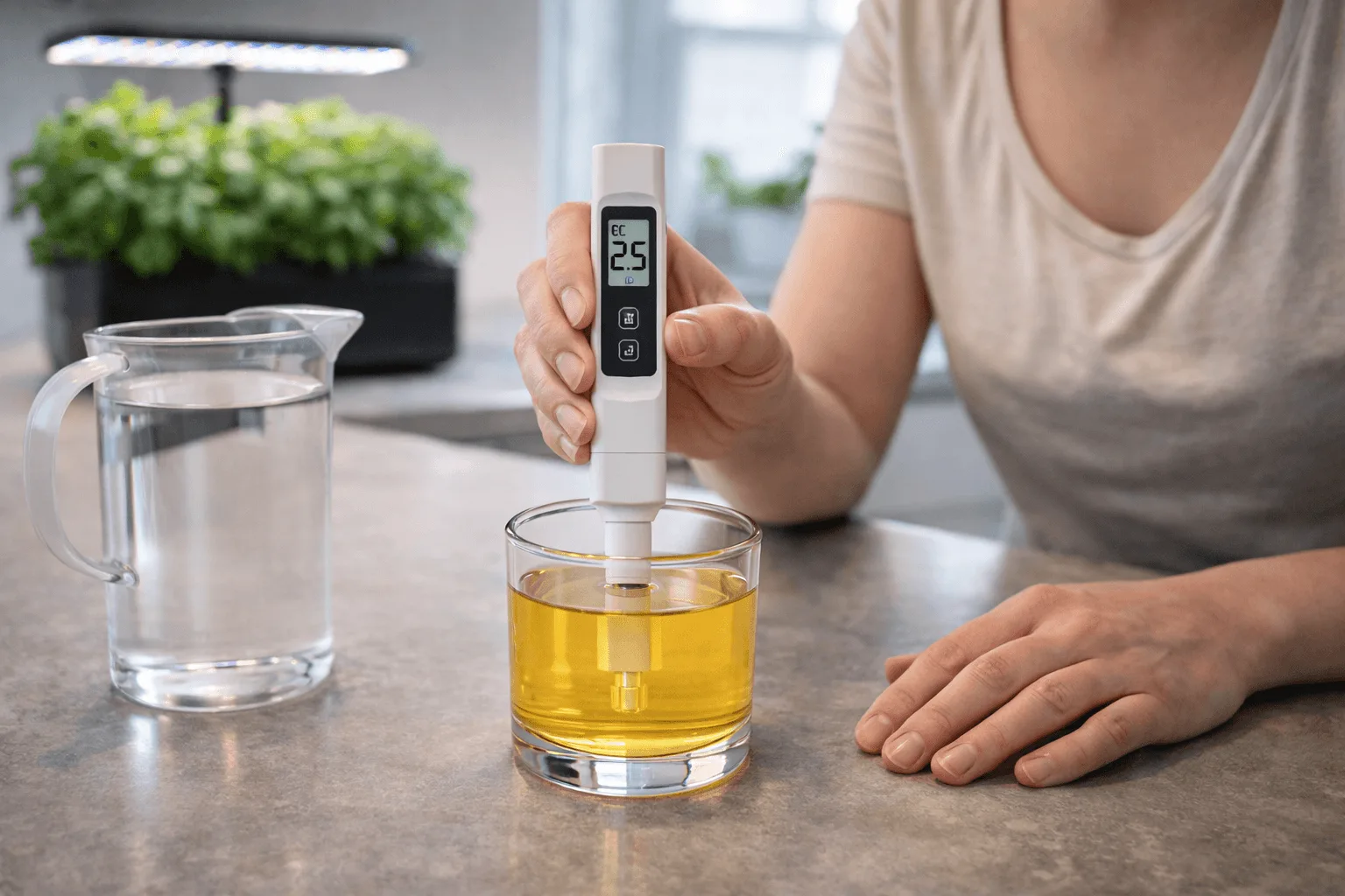 Person leaning over a kitchen counter dipping an EC meter into a small cup of nutrient solution showing 2.5 with a pitcher of plain water ready nearby and a hydroponic system in the background
