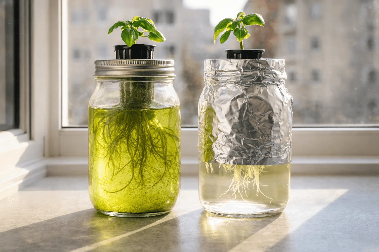 Two Mason jars on a sunny apartment windowsill, one uncovered with thick green algae inside from light exposure and one wrapped in foil with clean clear nutrient solution