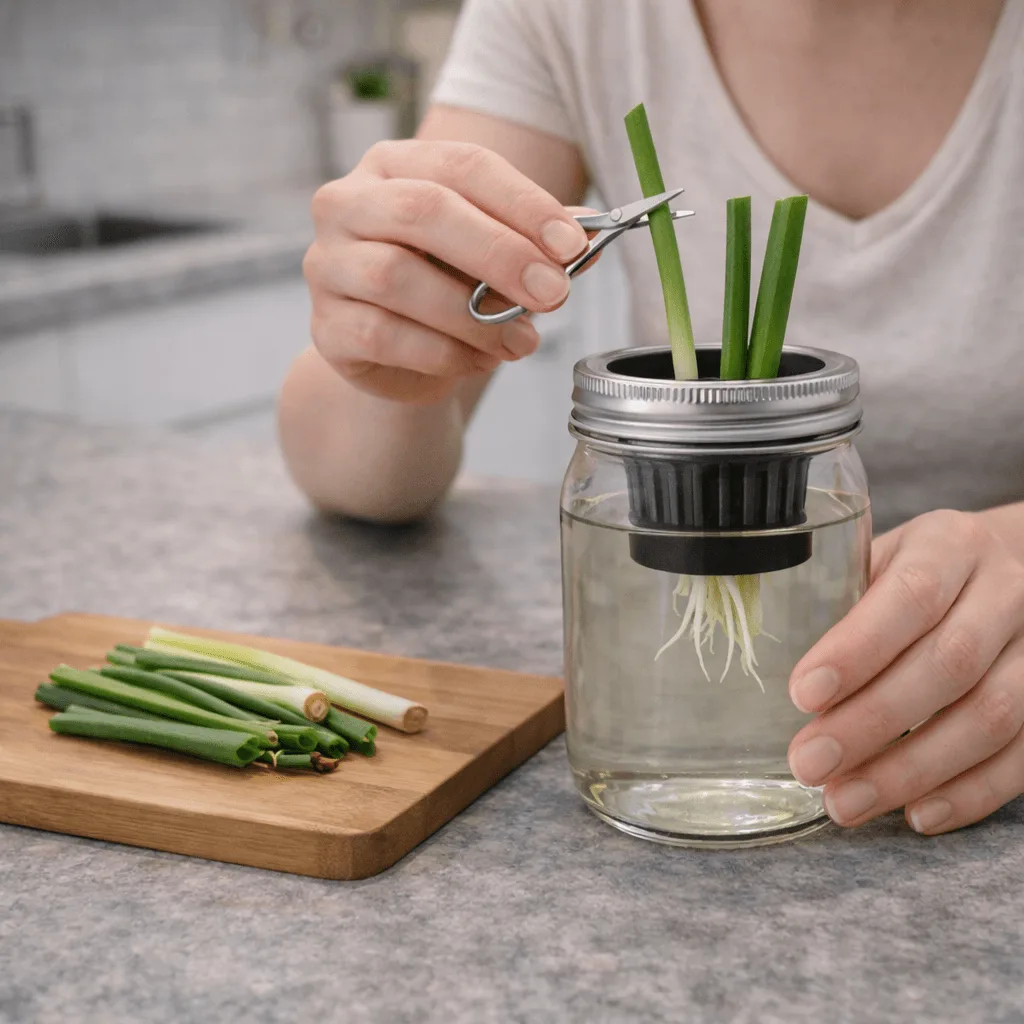 Hands holding small scissors cutting a green onion shoot above the white base in a Mason jar hydroponic setup, with the inner center shoot left intact and fresh cuttings on the board beside it