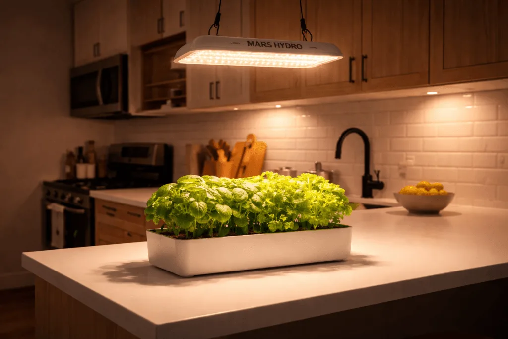 Mars Hydro TS600 LED grow light over a small countertop hydroponic herb garden in a modern apartment kitchen