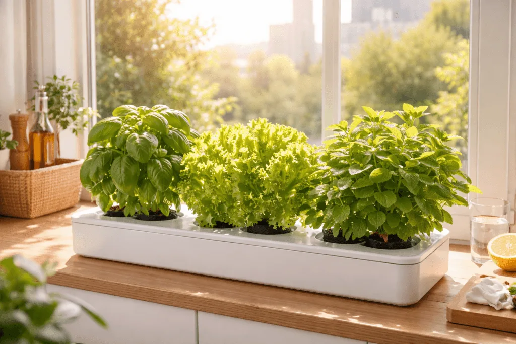 Healthy green basil lettuce and mint growing in apartment hydroponic setup on sunny windowsill