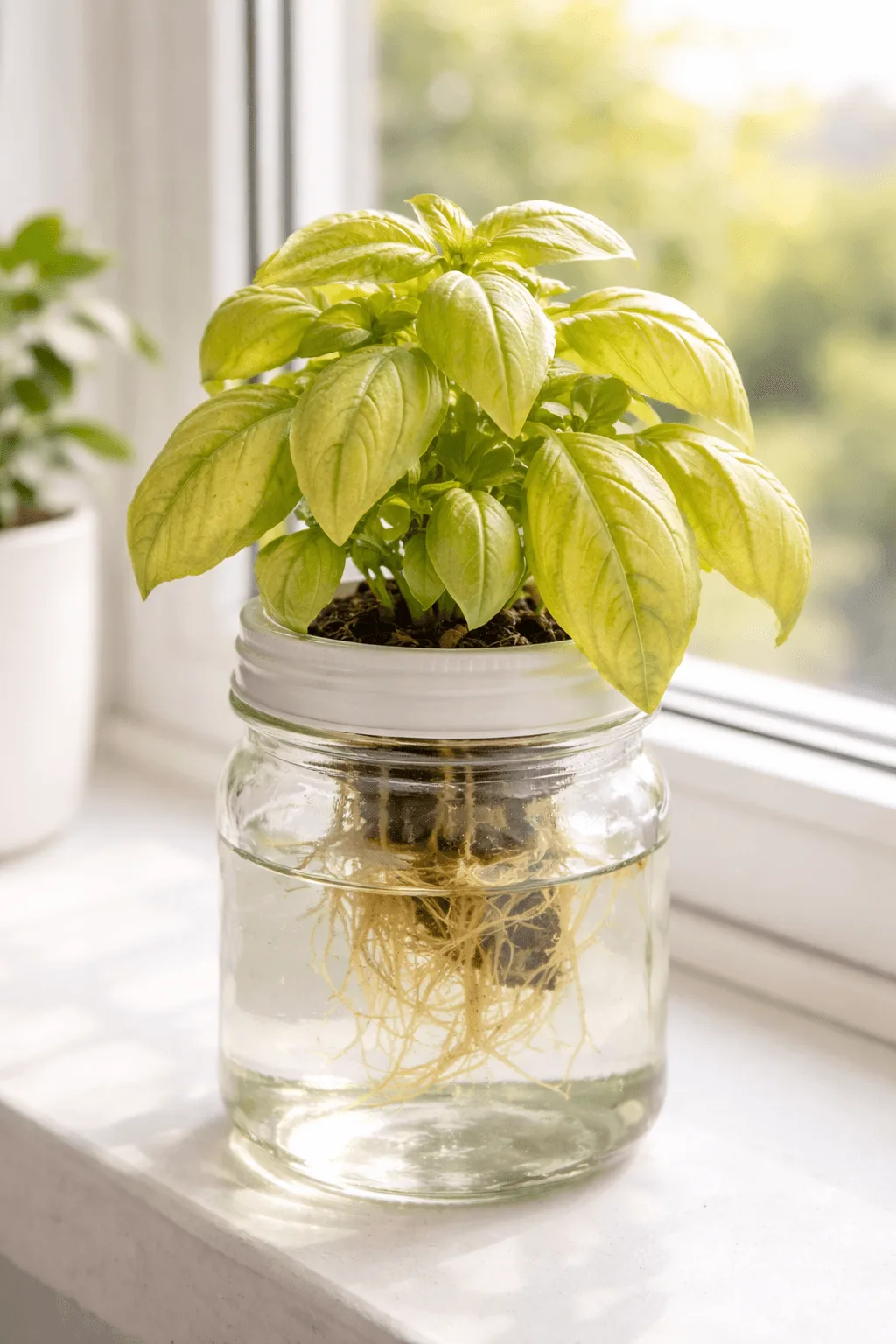 Apartment hydroponics yellow leaves on basil in a Kratky mason jar