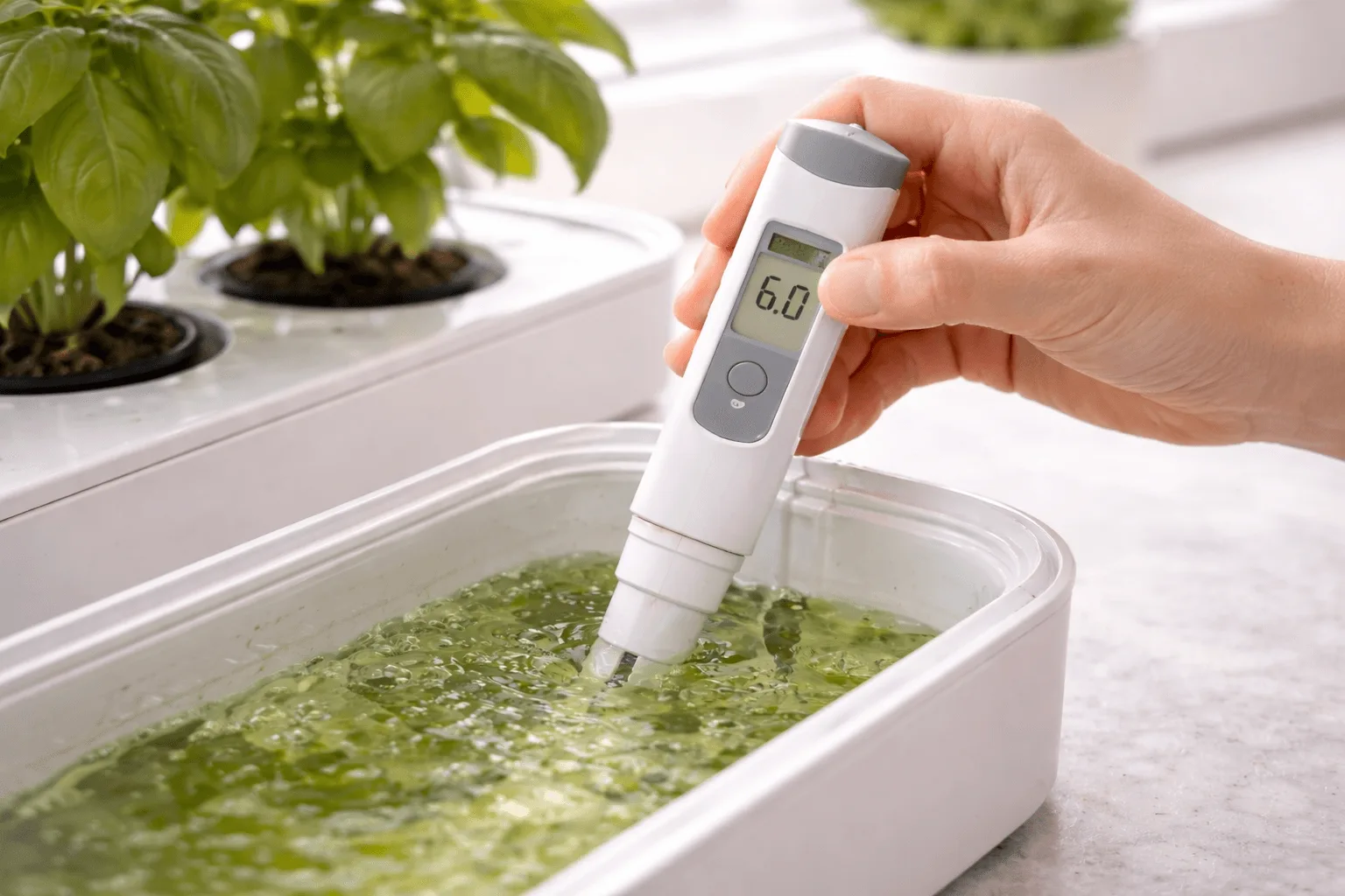 Testing pH to fix apartment hydroponics yellow leaves with a digital meter