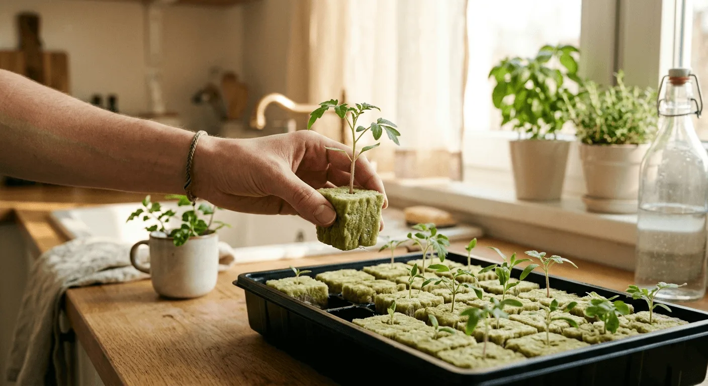 Hand lifting a single rockwool cube with a small seedling from a tray to feel its weight and check moisture level