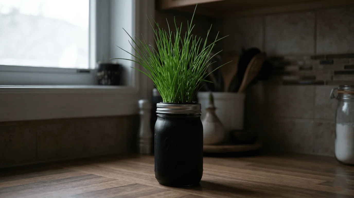 Thick cluster of chive leaves growing from a dark-wrapped Kratky jar placed in a shaded corner of a small apartment kitchen