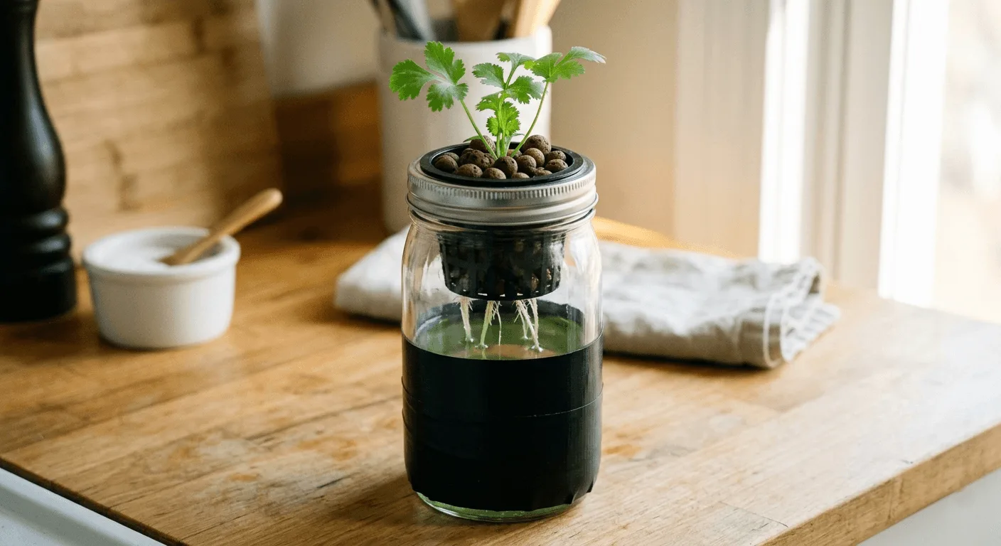 Clear one-quart mason jar wrapped in black foil with a net cup lid holding a small cilantro seedling, roots visible in green nutrient water below, placed on a wooden kitchen counter