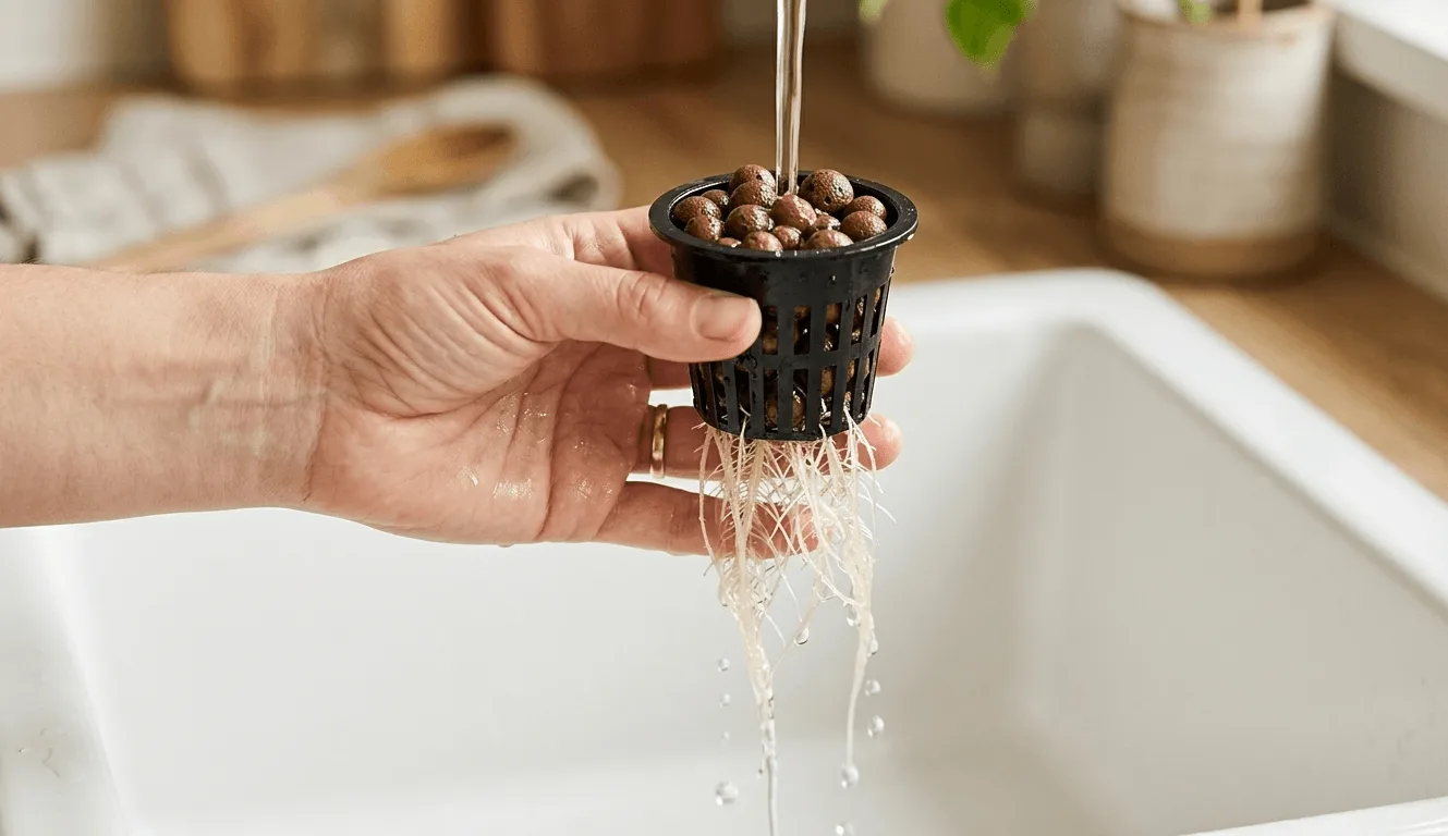 Hydroponic herb roots being rinsed under tap water over a kitchen sink during algae removal