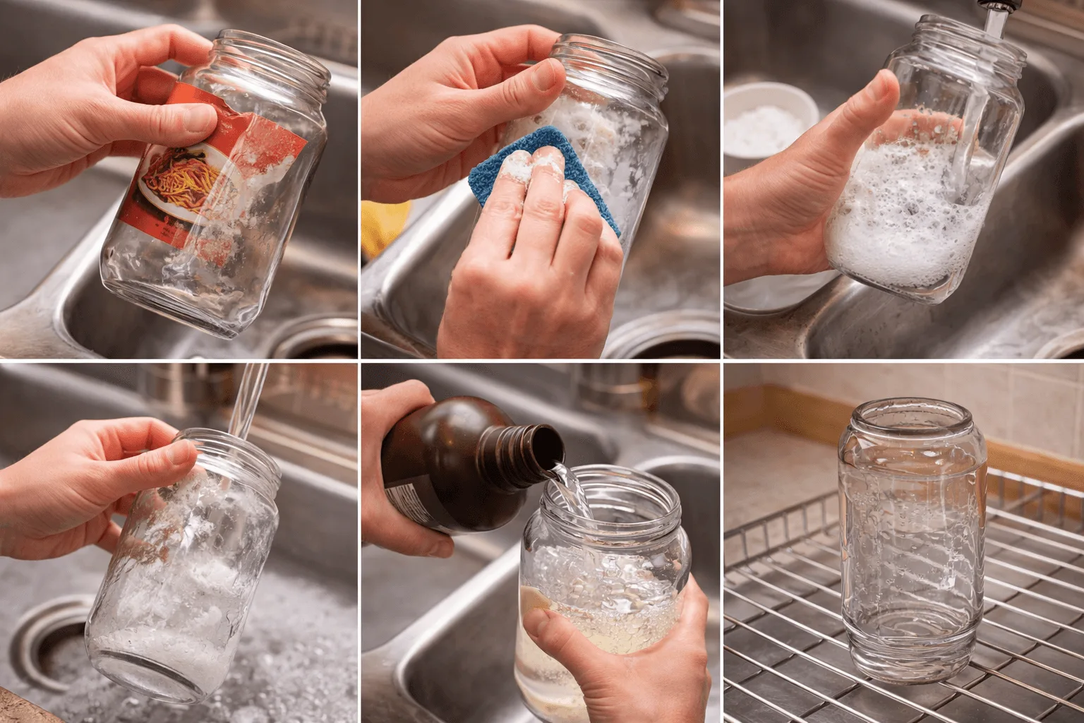 Series of views showing a recycled glass jar having its label removed, adhesive scrubbed with baking soda, washed with soap, rinsed with hydrogen peroxide, and air drying upside down