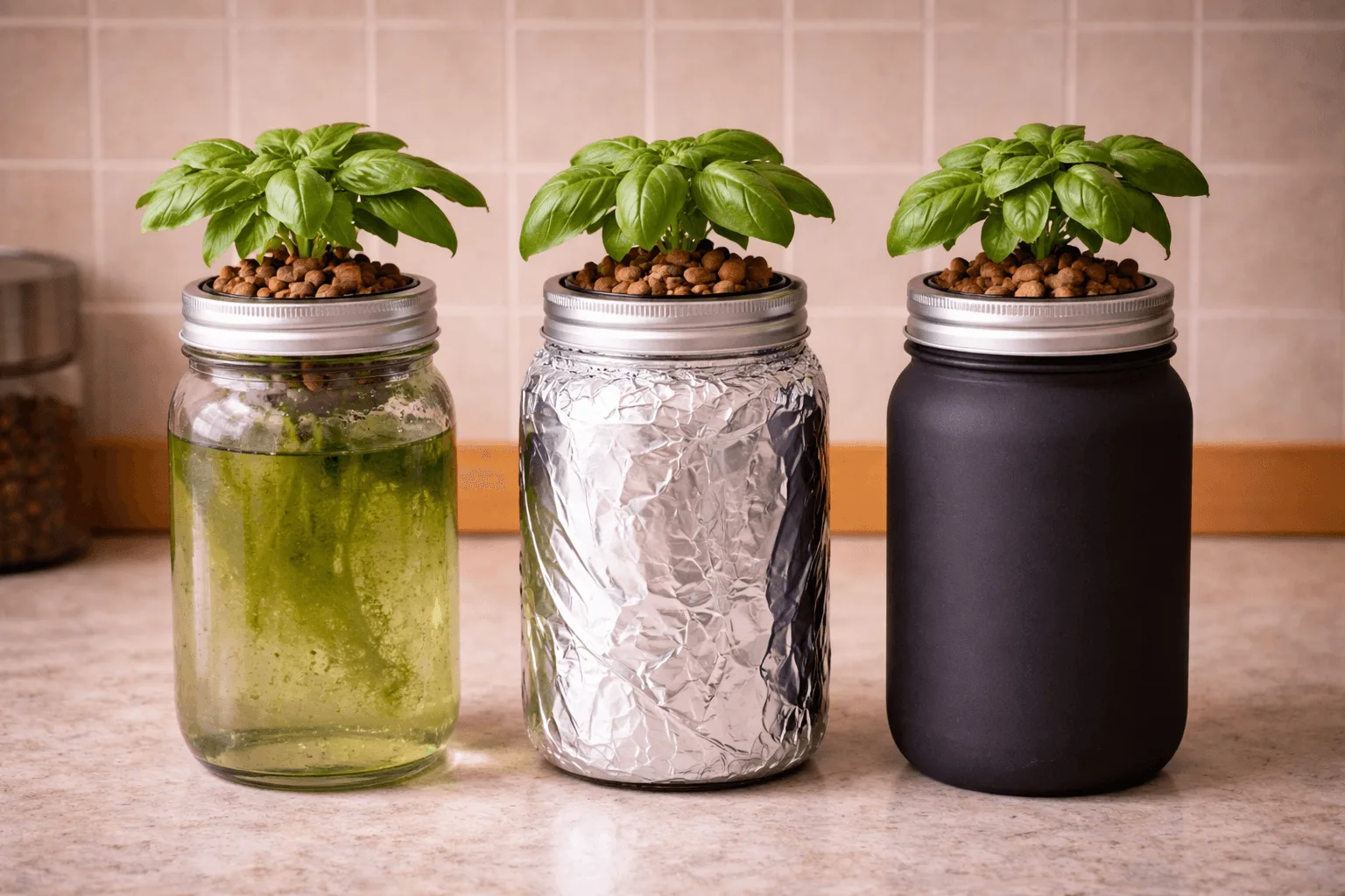 Three Kratky jars side by side showing a clear glass jar with green algae, a jar wrapped in foil, and a jar painted matte black to keep nutrient water in darkness
